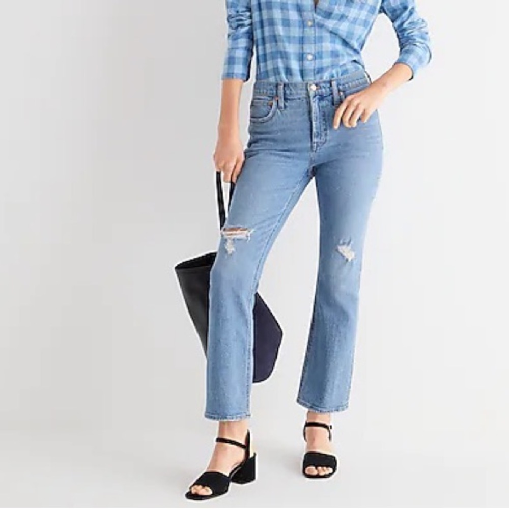 J Crew 9'' demi-boot crop jean in Rocky Shore wash slightly distressed blue